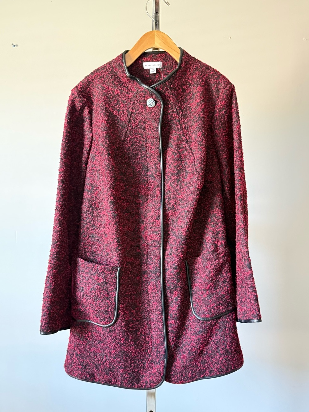 Susan Graver Boucle Faux Leather Trim Full Zip Topper Coat Jacket Plus Size 18W